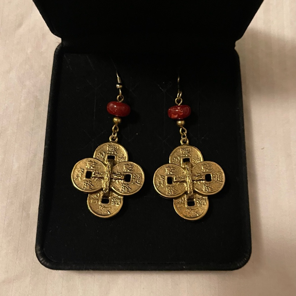 Celtic Drop Earrings in Brass with Red Marble Beads